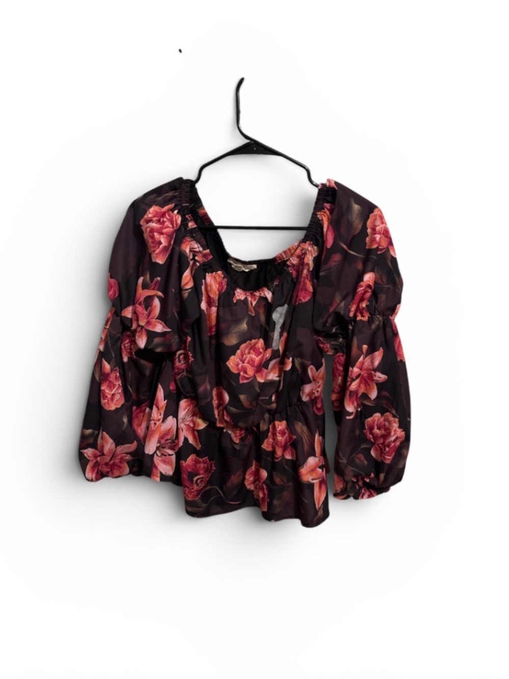 Women's Off-Shoulder Floral Puff Sleeve Blouse - Black with Pink Floral